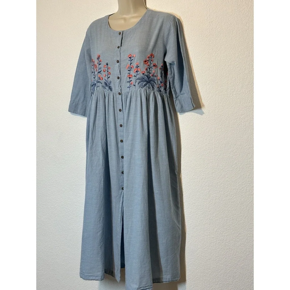Womens M Midi Dress Blue Embroidered 100 %Cotton Boho Cottagecore Prairie Modest - Picture 2 of 9